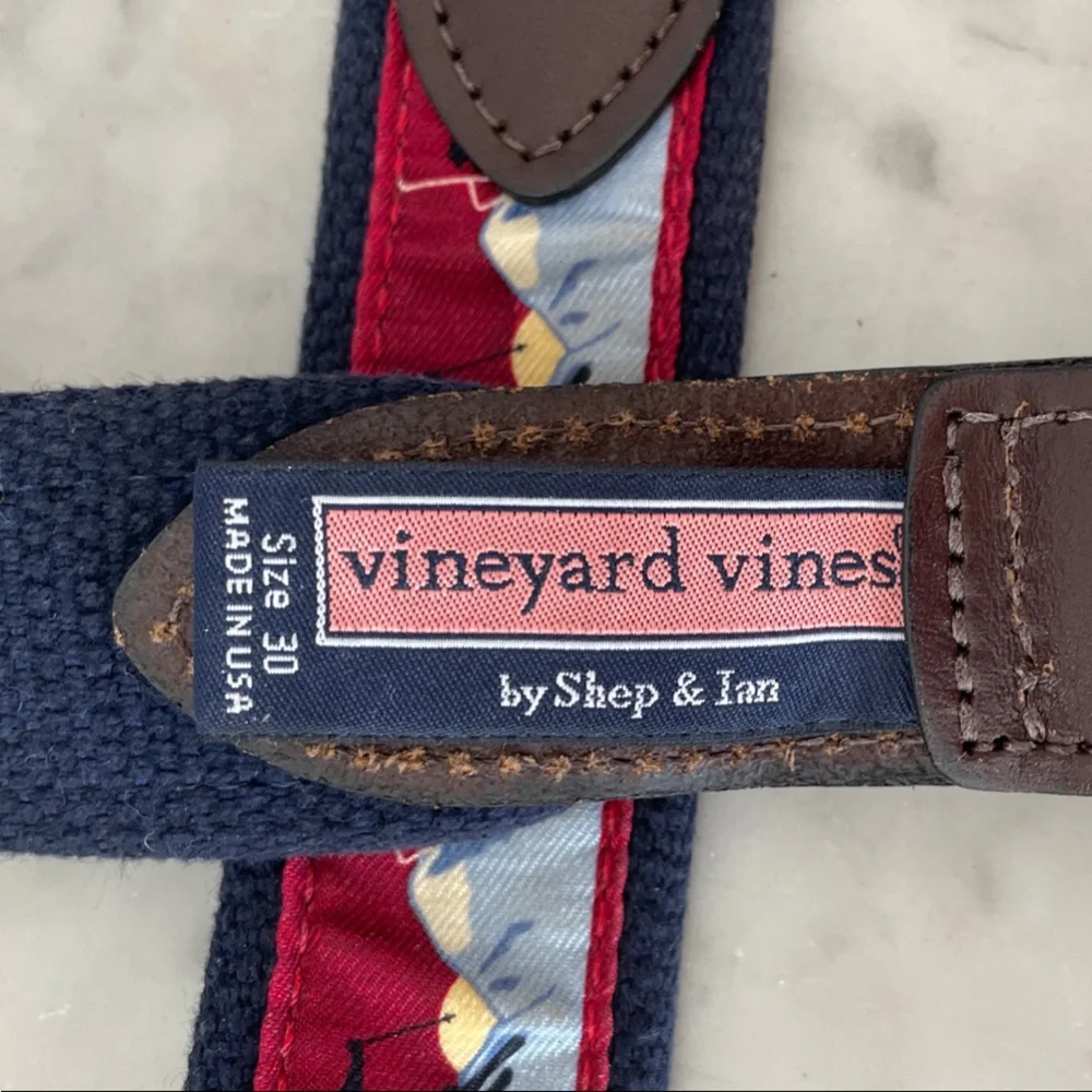 VINEYARD VINES Men's Ski Print Blue Brown Leather Canvas Belt Gold Buckle 30